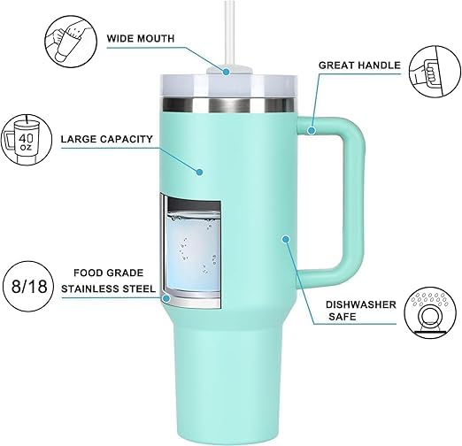 TITEPO Tumbler with Handle and Straw | Insulated Stainless Steel Double Wall Spill-Proof Water Bottle | Travel Mug | Cupholder-Friendly Vacuum Sealed Tumblers with Lid (Green)