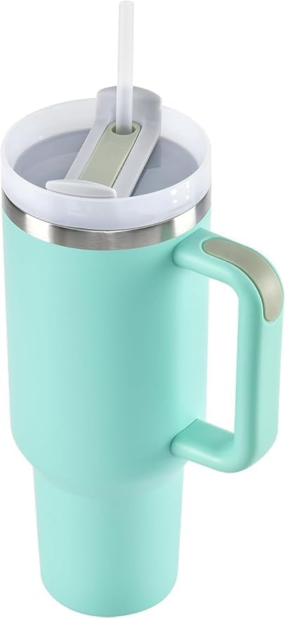 TITEPO Tumbler with Handle and Straw | Insulated Stainless Steel Double Wall Spill-Proof Water Bottle | Travel Mug | Cupholder-Friendly Vacuum Sealed Tumblers with Lid (Green)