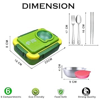 Steel Bento Lunch Box Green, 6-Compartment