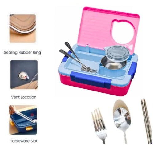 Steel Bento Lunch Box Pink, 5-Compartment