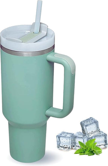TITEPO Tumbler with Handle and Straw | Insulated Stainless Steel Double Wall Spill-Proof Water Bottle | Travel Mug | Cupholder-Friendly Vacuum Sealed Tumblers with Lid (Green)